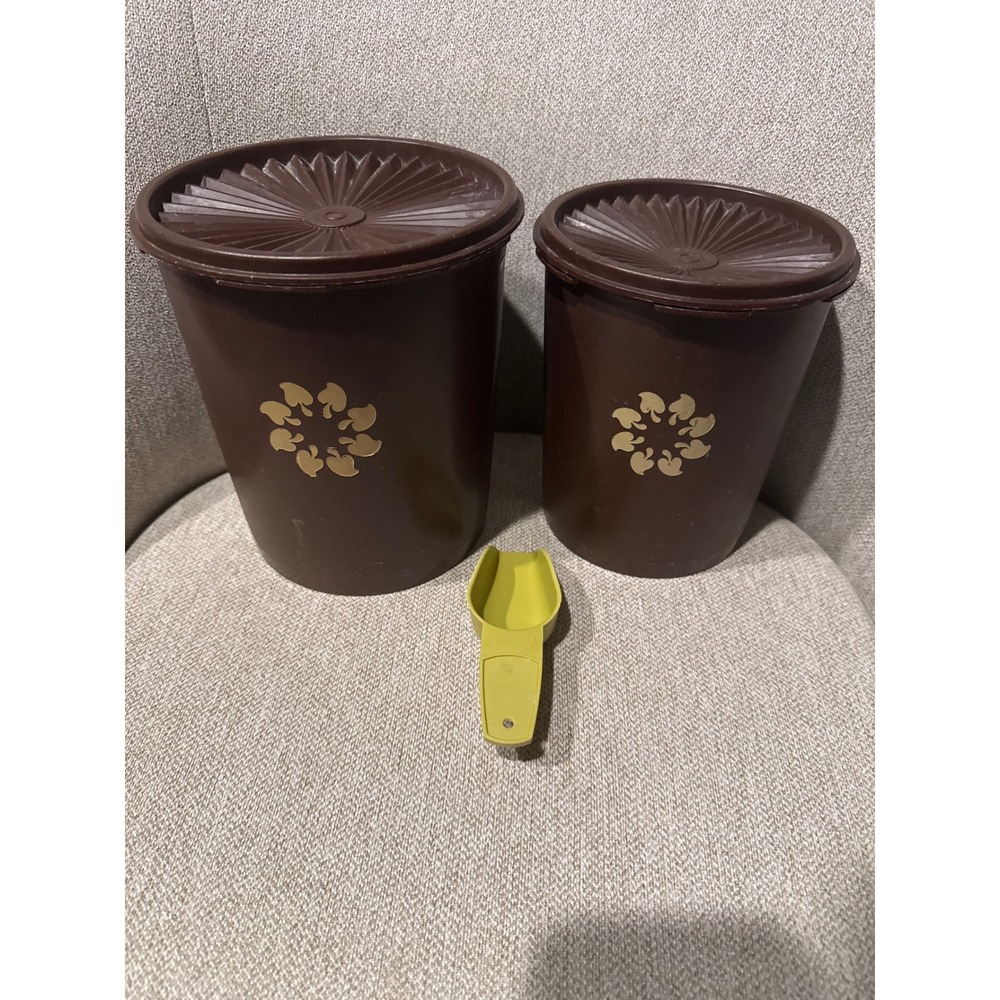 Vintage Tupperware Canister Set Brown Gold Leaf Servalier Lids 5pc Scoop Nesting